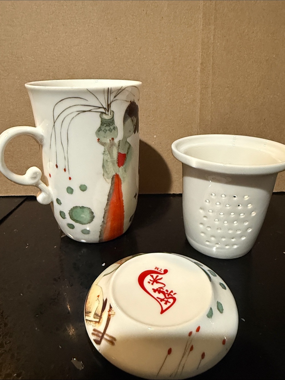 Teavana White Ceramic Teacup Set with Orange and Green Accents